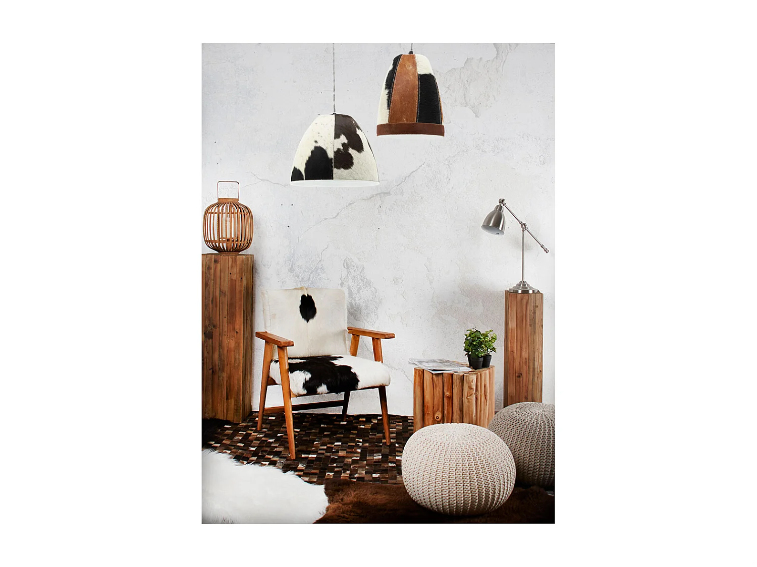 Lampe suspension en peau de vache et métal Diamètre 21cm