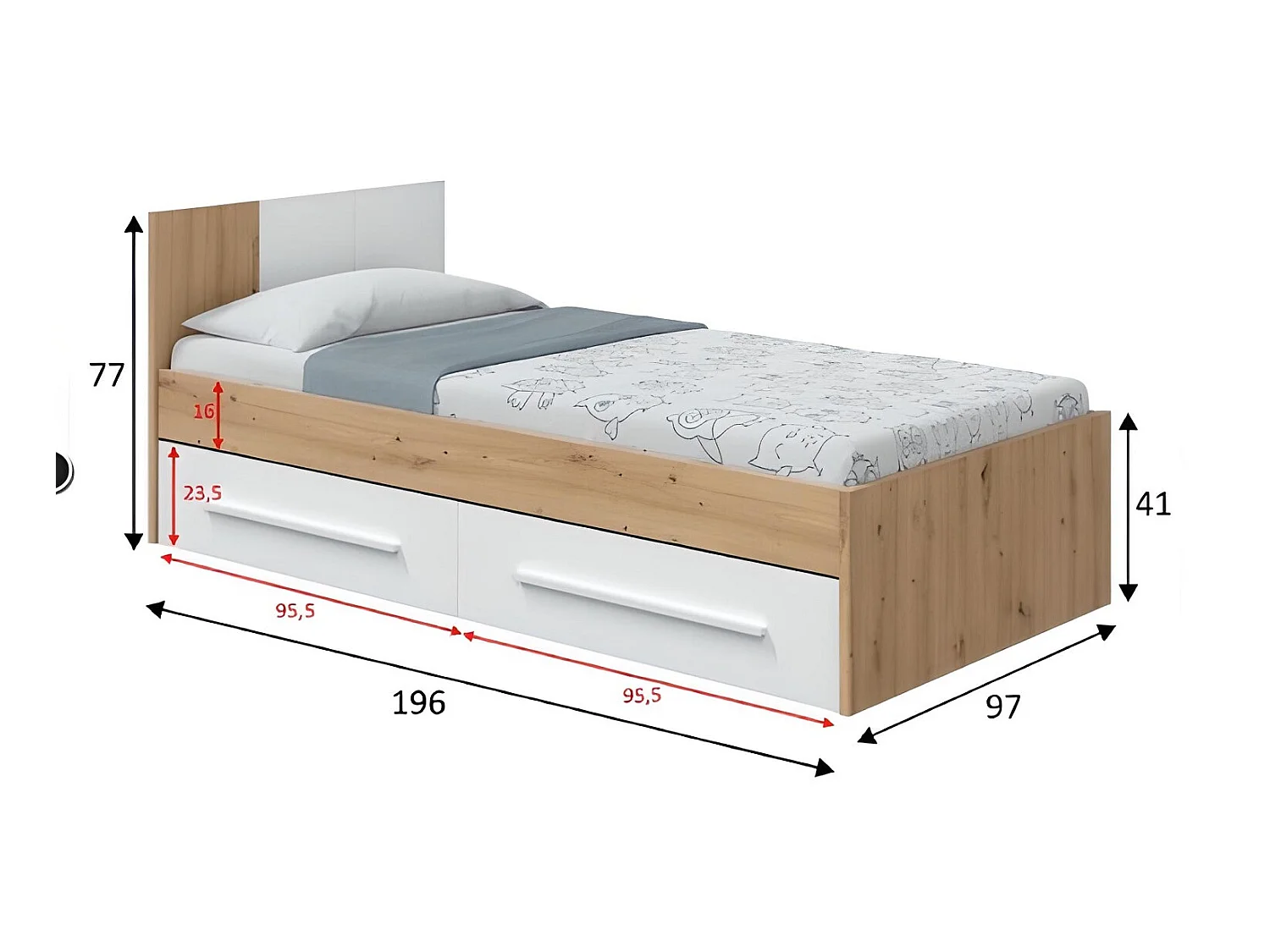 Ensemble de lit avec tête de lit et deux tiroirs en mélamine coloris blanc - Longueur 196 x Profondeur 97 x Hauteur 77 cm