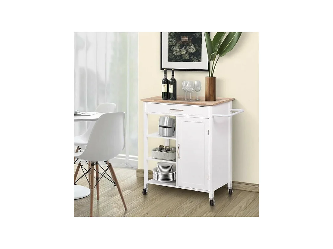 Desserte de cuisine 1 porte 1 tiroir 3 en hevea - Blanc laque - L 74 x P 47 x H 91 cm - ENZO