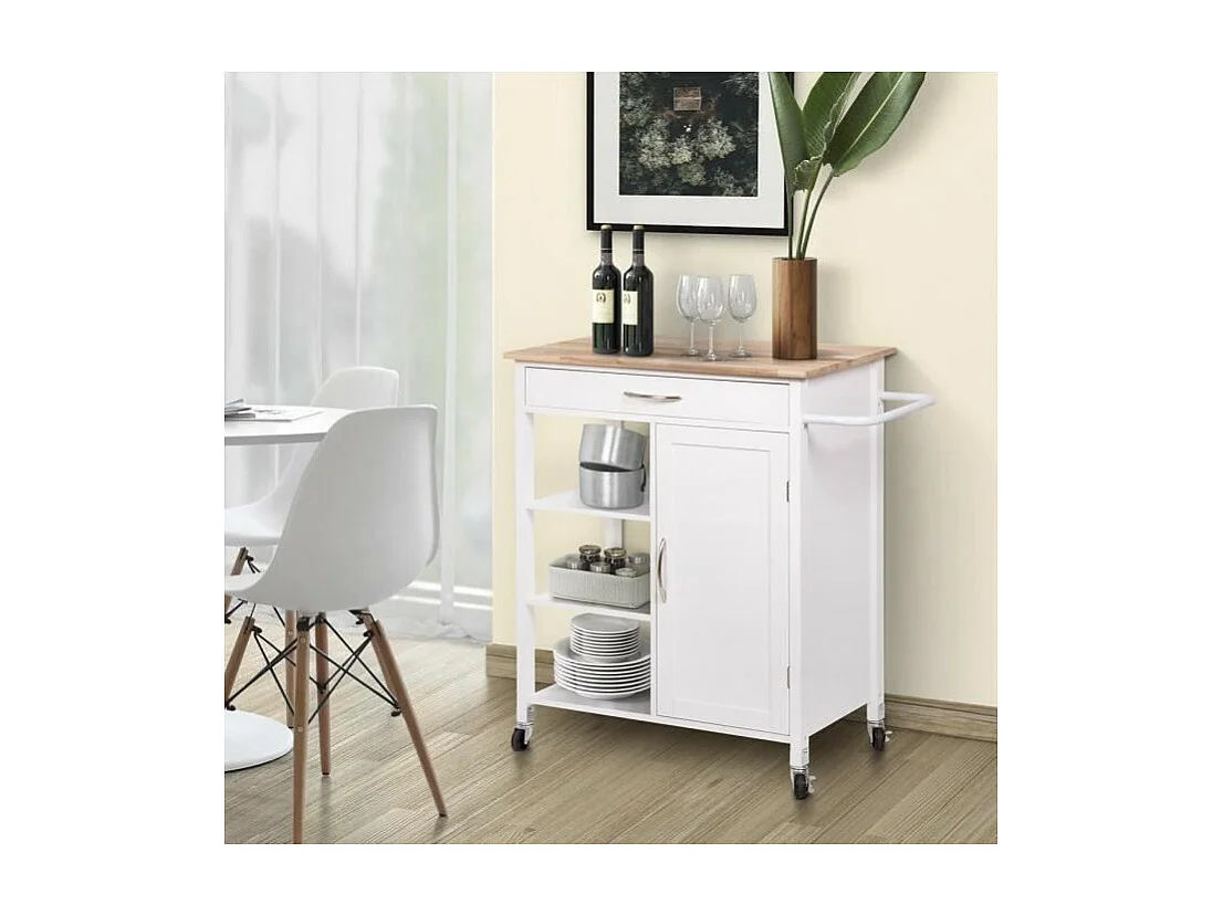 Desserte de cuisine 1 porte 1 tiroir 3 en hevea - Blanc laque - L 74 x P 47 x H 91 cm - ENZO