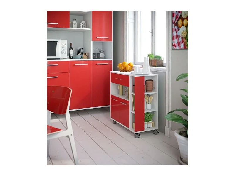 Küchenwagen ECO 2 Türen 1 Schublade Weiß und Rot - L 80 x T 39 x H 87 cm
