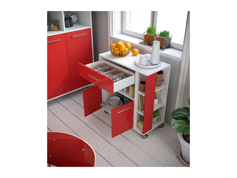 Küchenwagen ECO 2 Türen 1 Schublade Weiß und Rot - L 80 x T 39 x H 87 cm
