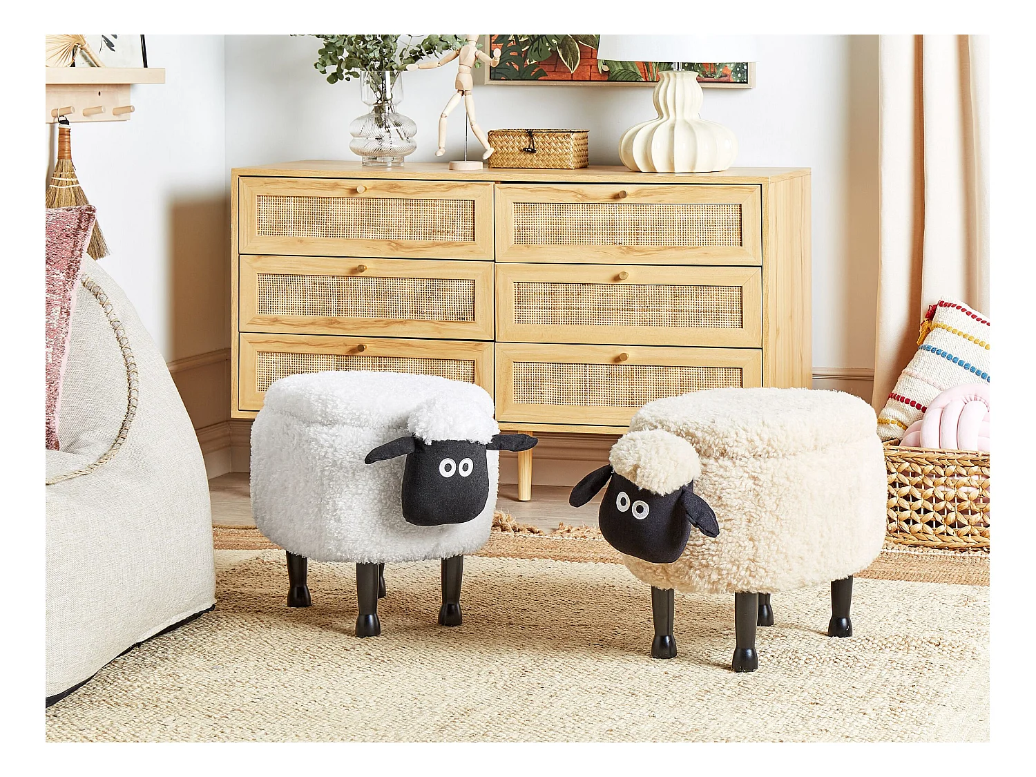 Tabouret de rangement animal SHEEP Tissu Beige clair