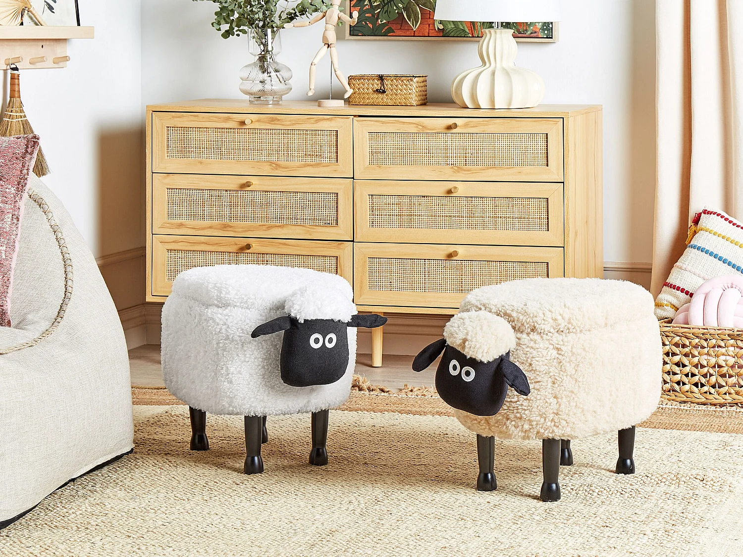 Tabouret de rangement animal SHEEP Tissu Blanc Mouton