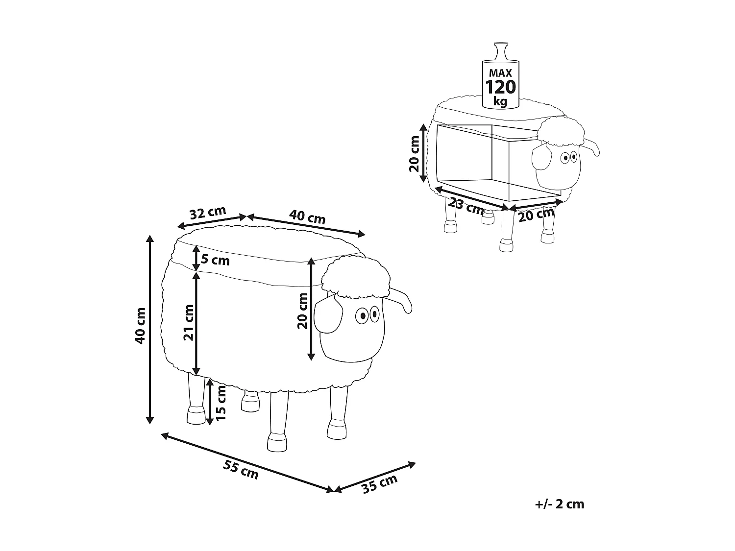Tabouret de rangement animal SHEEP Tissu Blanc Mouton