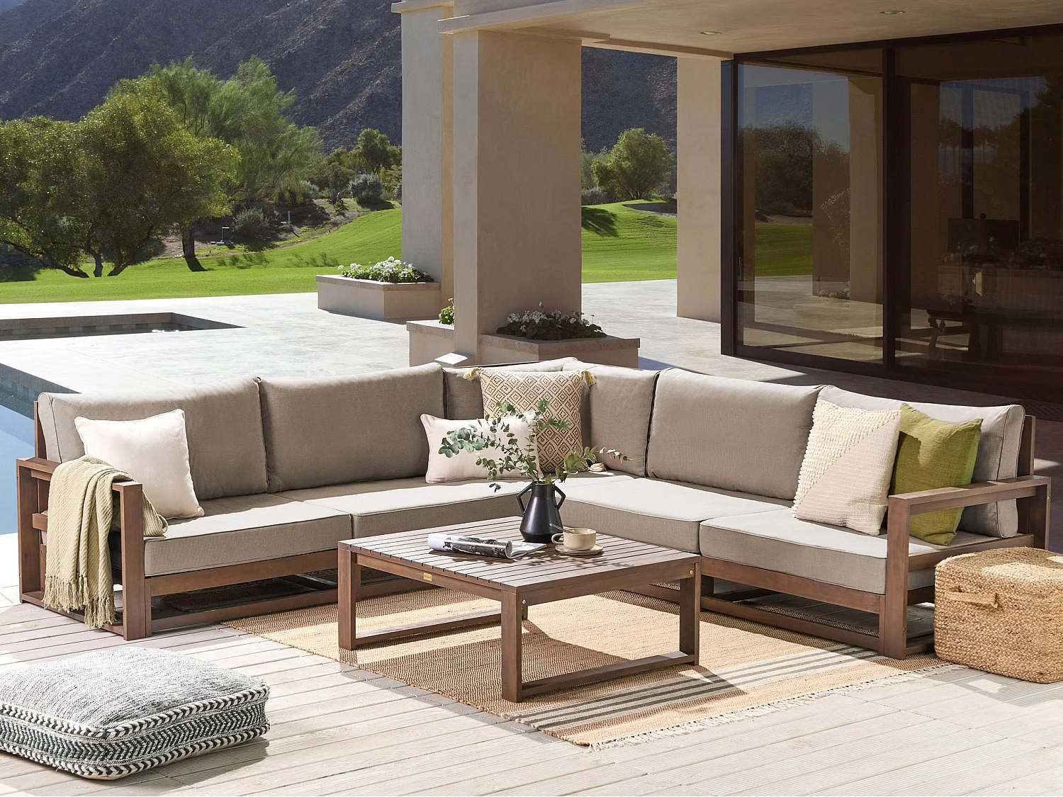 Garden Corner Sofa with Table 5 Seater TIMOR Dark Brown Certified Acacia Wood Modular
