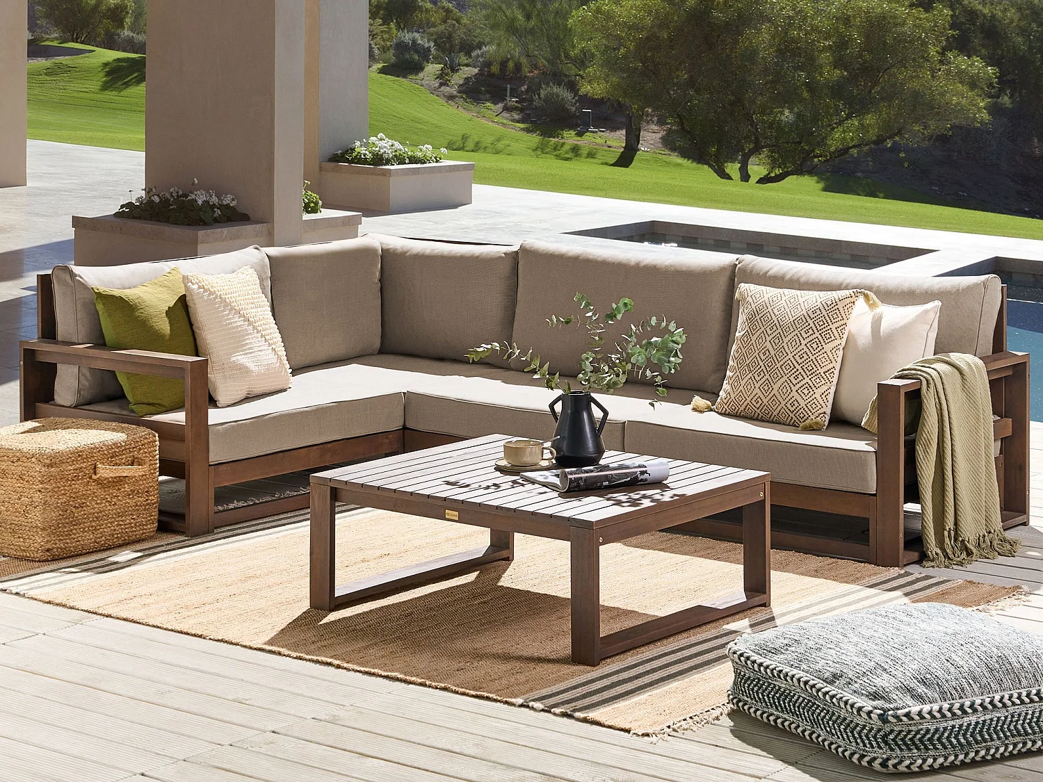 Garden Corner Sofa with Table 4 Seater TIMOR Right Hand Dark Brown Certified Acacia Wood Modular