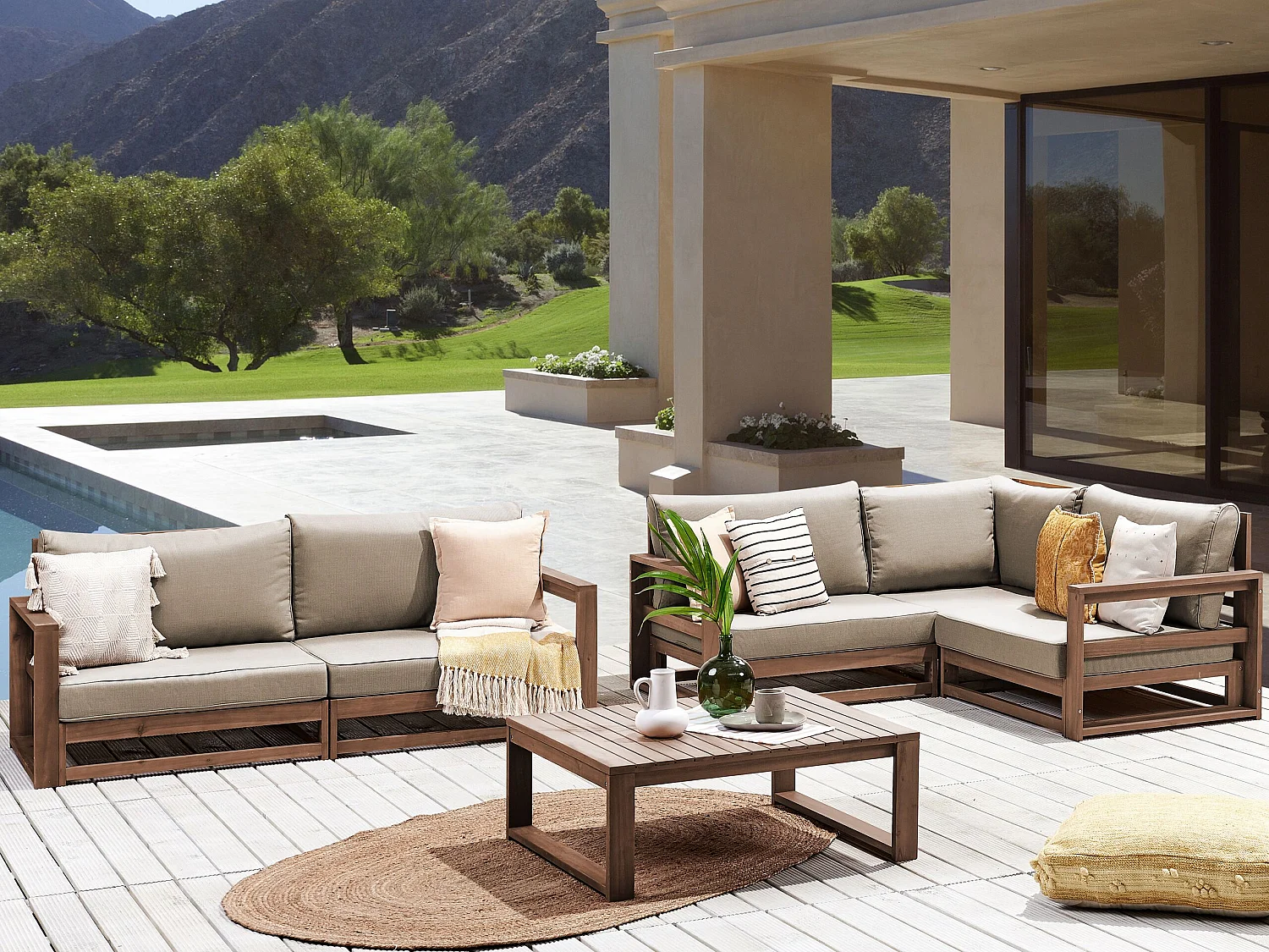 Lounge Set Akazienholz dunkler Holzfarbton 4-Sitzer Sofa Ecksofa Tisch Timor II