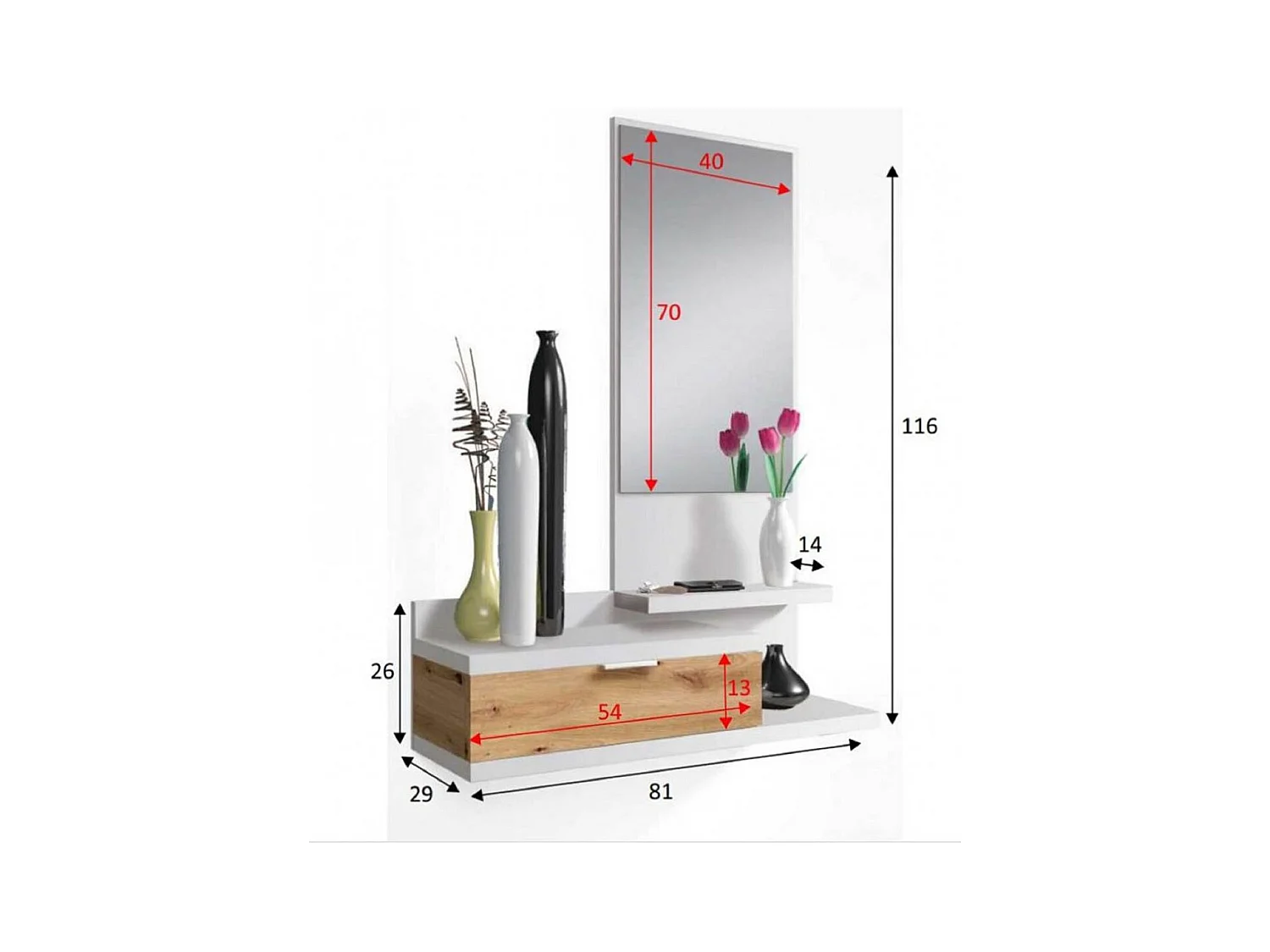 Meuble d'entrée avec miroir et tiroir - Longueur 81 x Profondeur 29 x Hauteur 116 cm