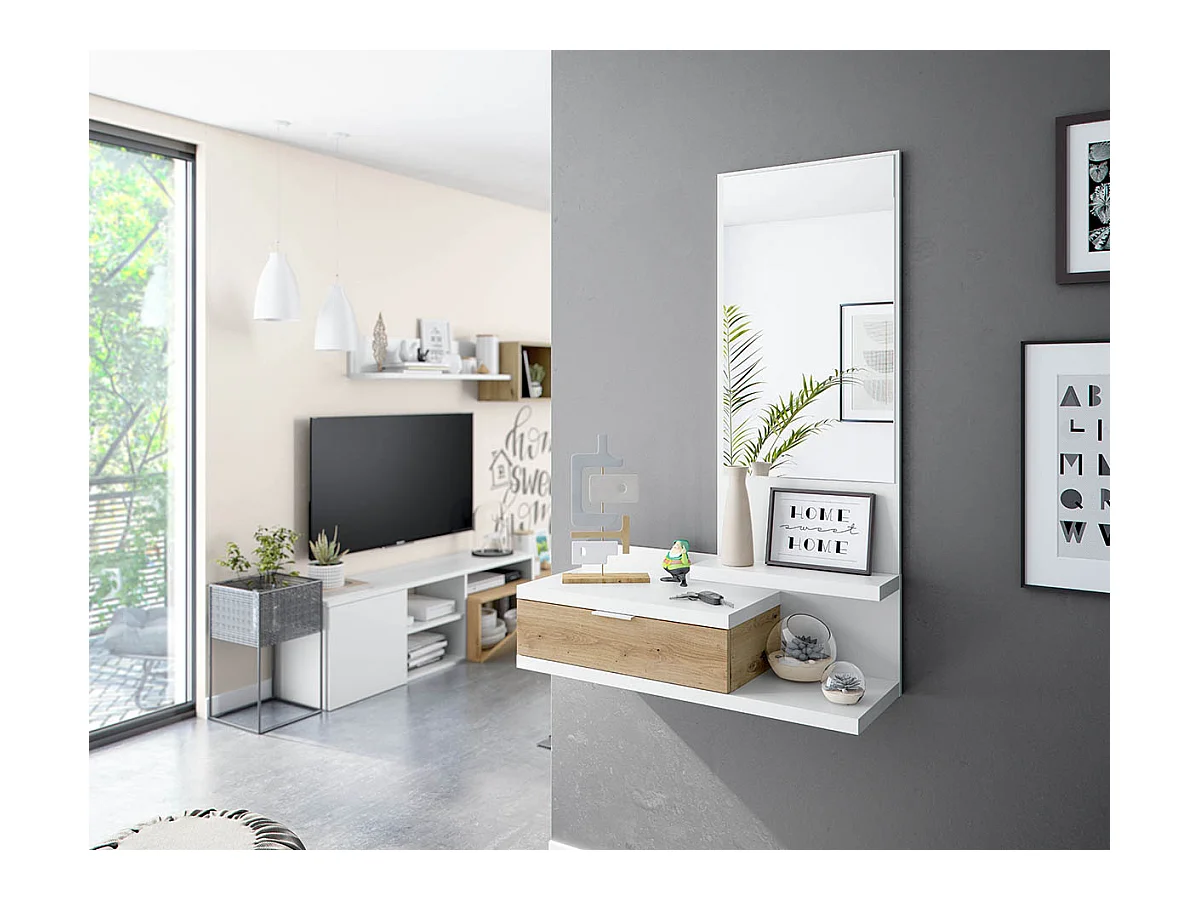 Meuble d'entrée avec miroir et tiroir - Longueur 81 x Profondeur 29 x Hauteur 116 cm