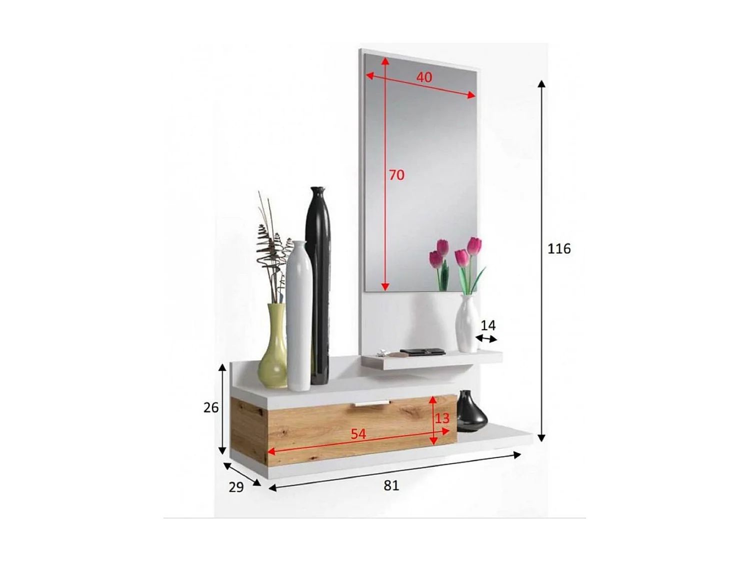 Meuble d'entrée avec miroir et tiroir - Longueur 81 x Profondeur 29 x Hauteur 116 cm
