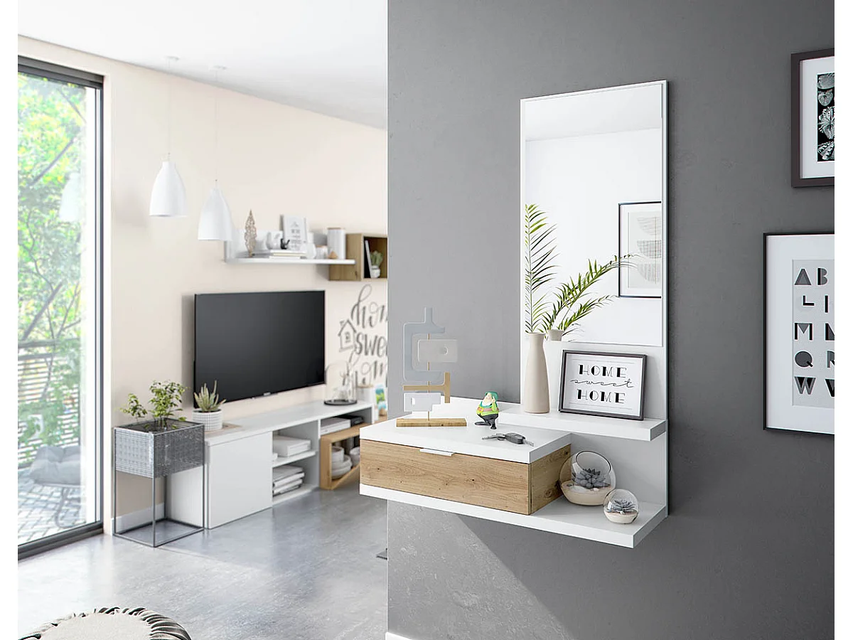Meuble d'entrée avec miroir et tiroir - Longueur 81 x Profondeur 29 x Hauteur 116 cm