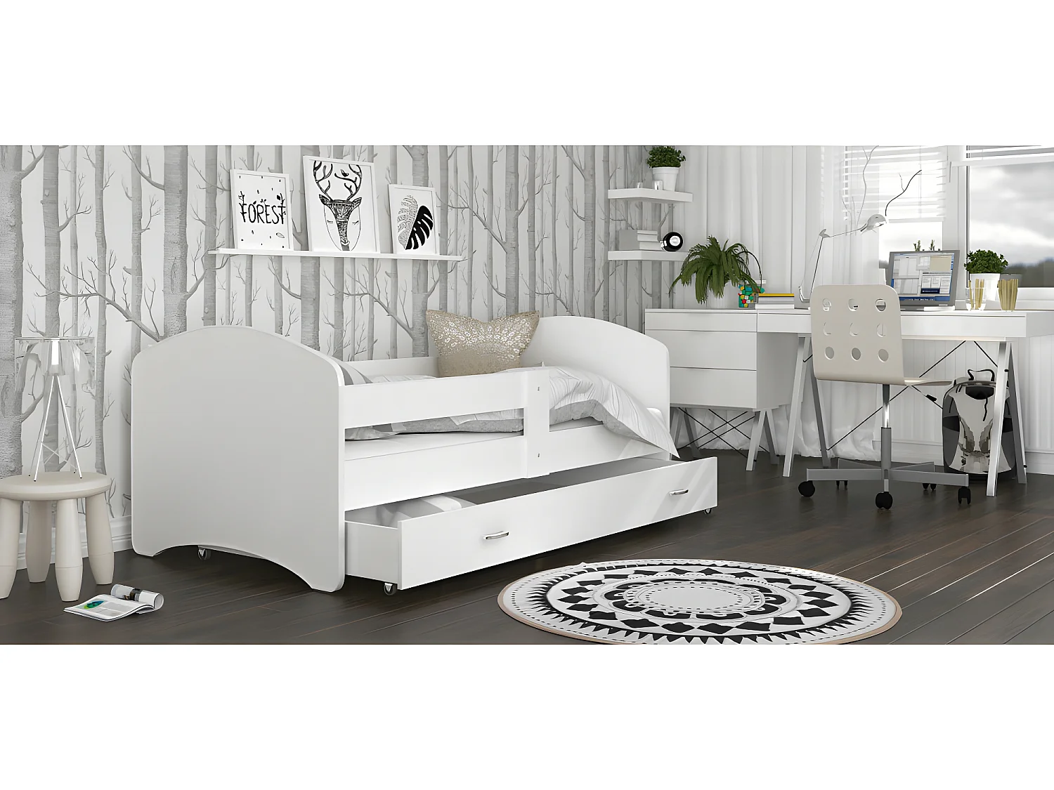 Lit Enfant Happy 80x160   Blanc Livré avec sommiers, tiroir et matelas en mousse de 7cm