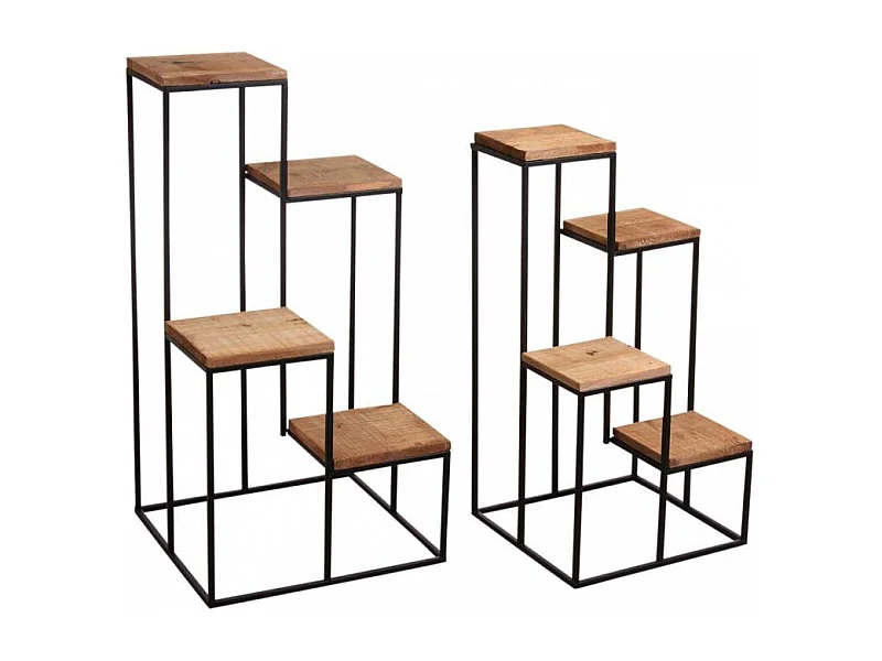 Sellette en métal 4 plateaux en bois (Lot de 2)