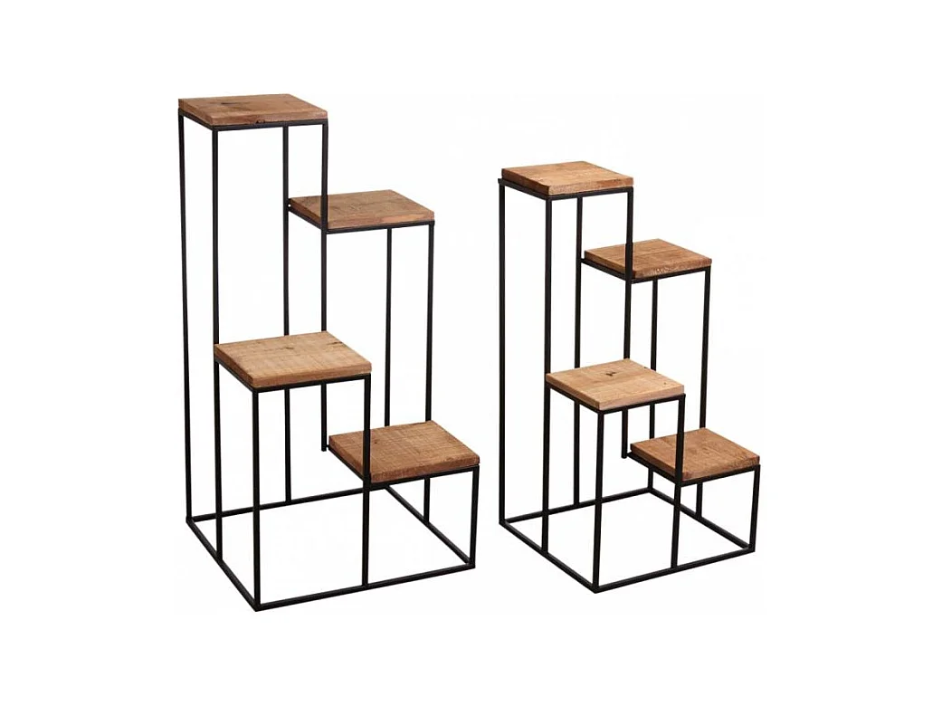 Sellette en métal 4 plateaux en bois (Lot de 2)