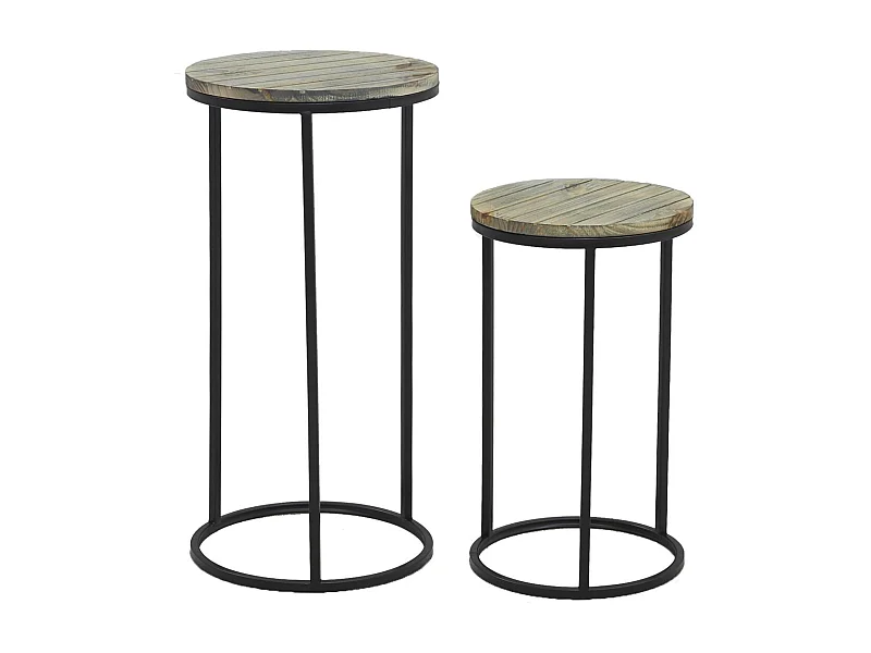 Sellettes en métal noir et pin (Lot de 2)