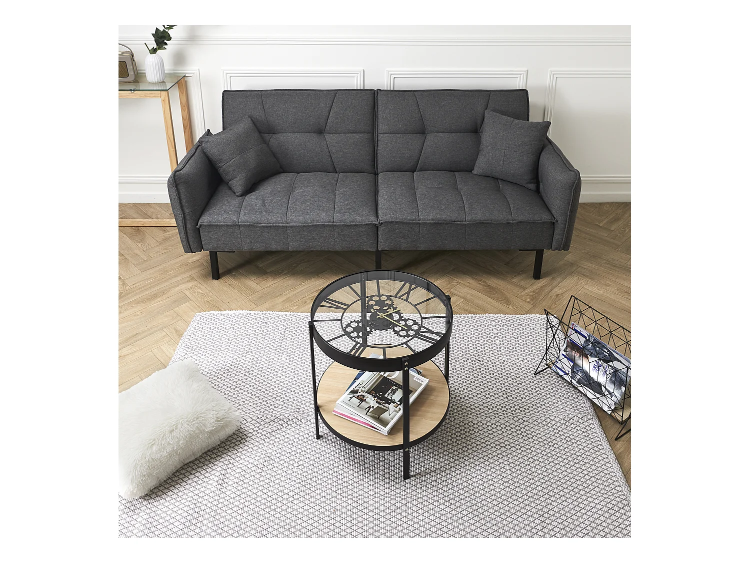 Table D Appoint Horloge 50.5x50.5x49cm Noir, Transparent, Beige