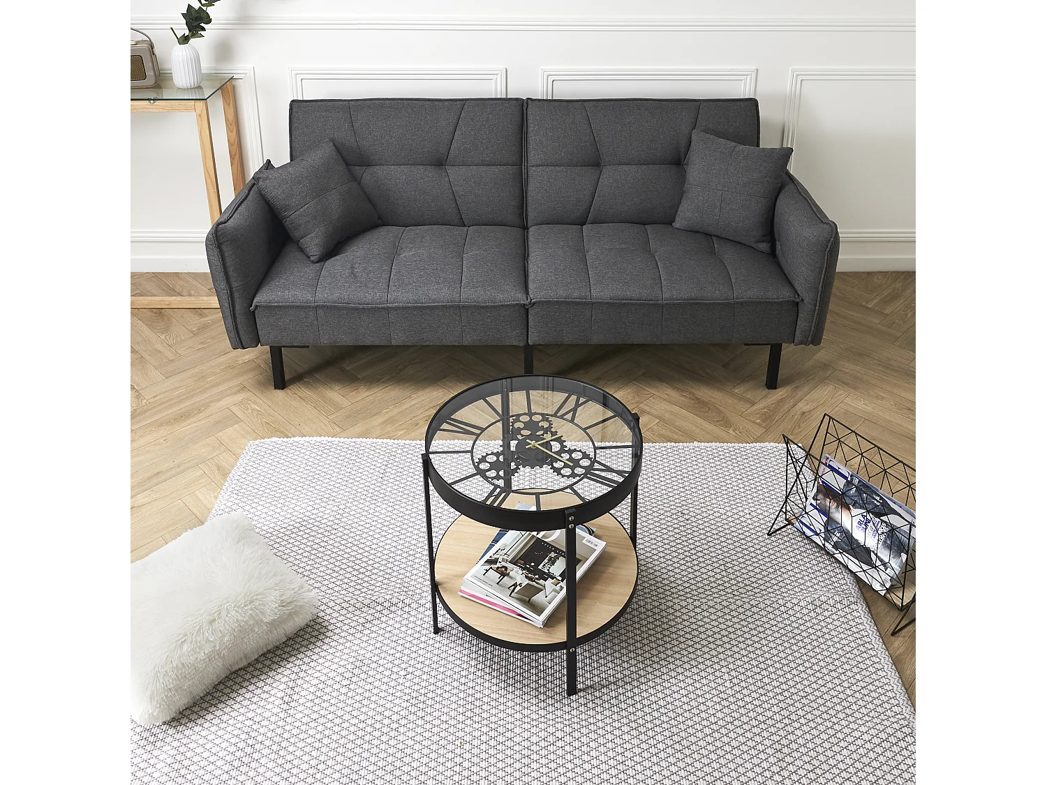 Table D Appoint Horloge 50.5x50.5x49cm Noir, Transparent, Beige