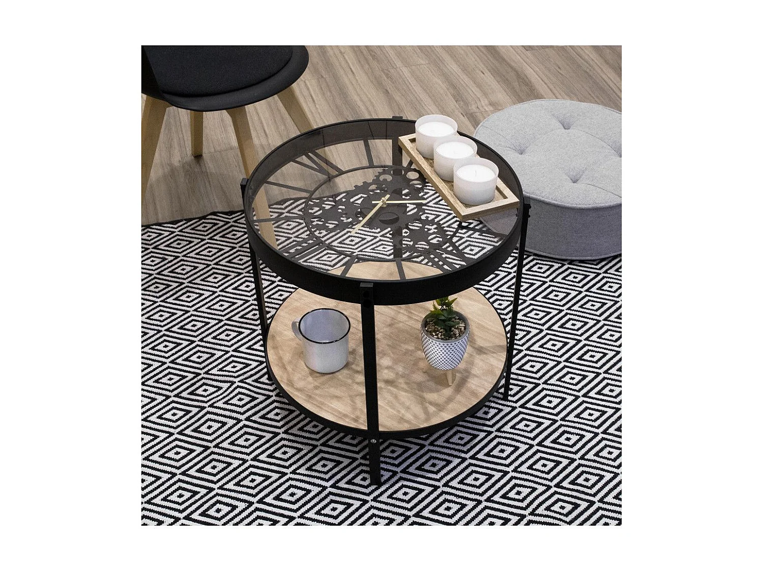 Table D Appoint Horloge 50.5x50.5x49cm Noir, Transparent, Beige