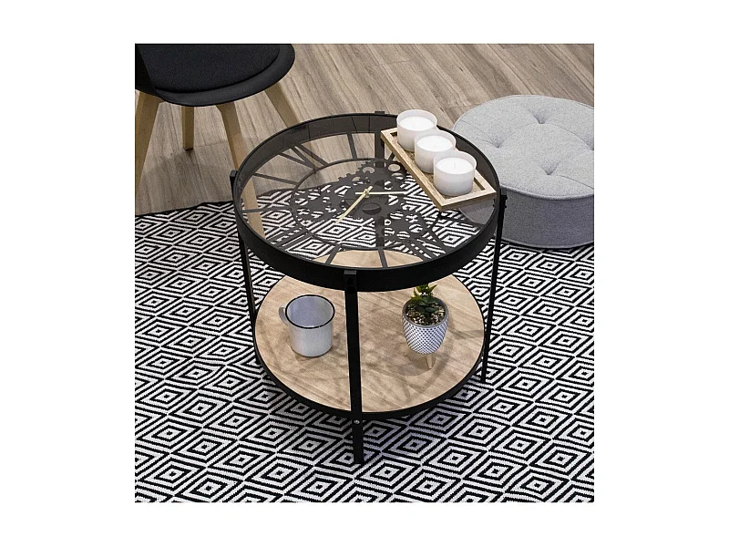 Table D Appoint Horloge 50.5x50.5x49cm Noir, Transparent, Beige
