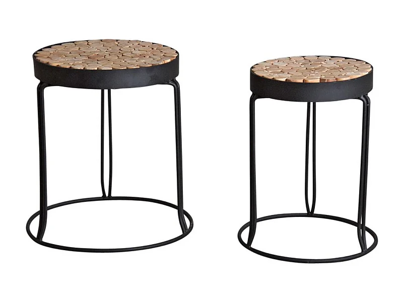 Sellettes rondes en métal et sapin (Lot de 2)