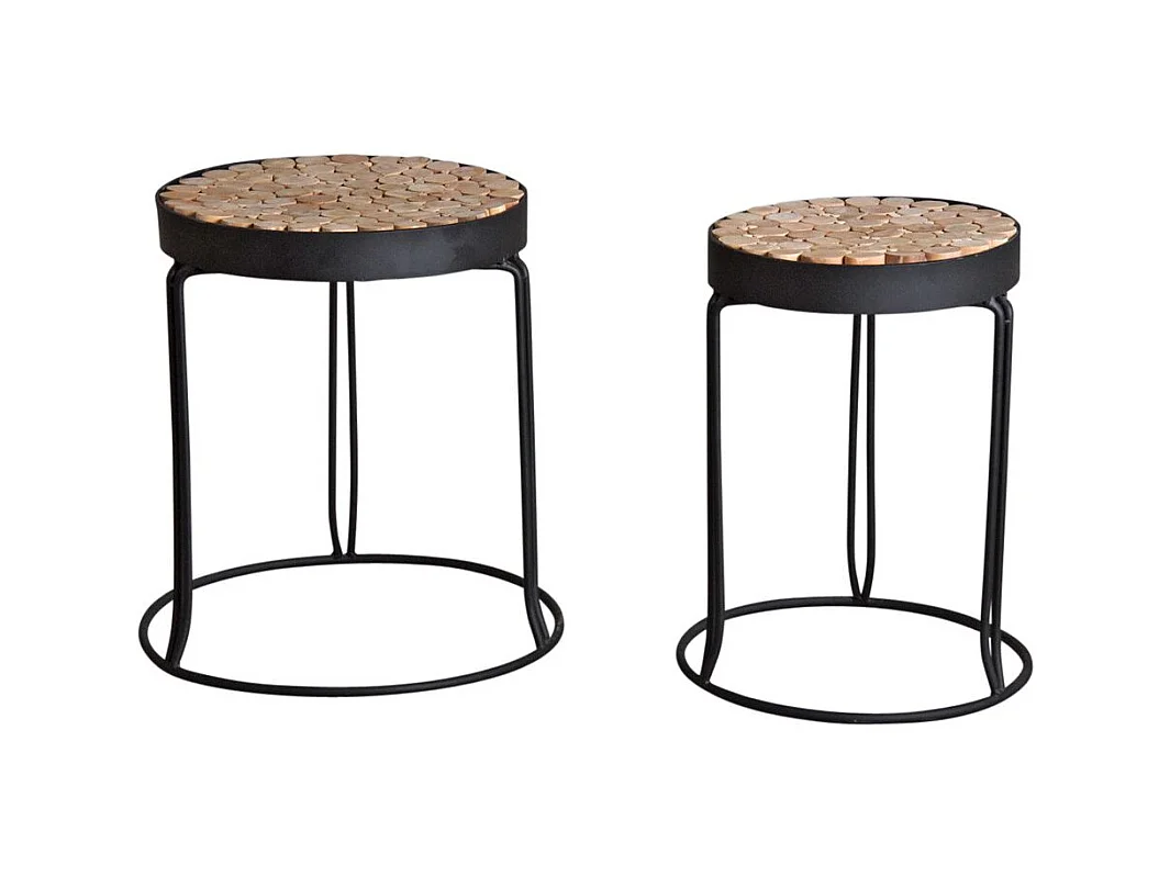 Sellettes rondes en métal et sapin (Lot de 2)