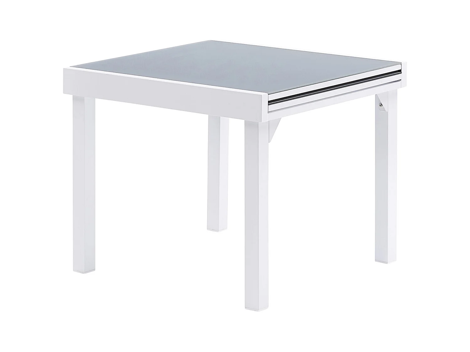 Table Modulo 4/8 personnes structure en aluminium blanche, plateau en verre coloris gris perle