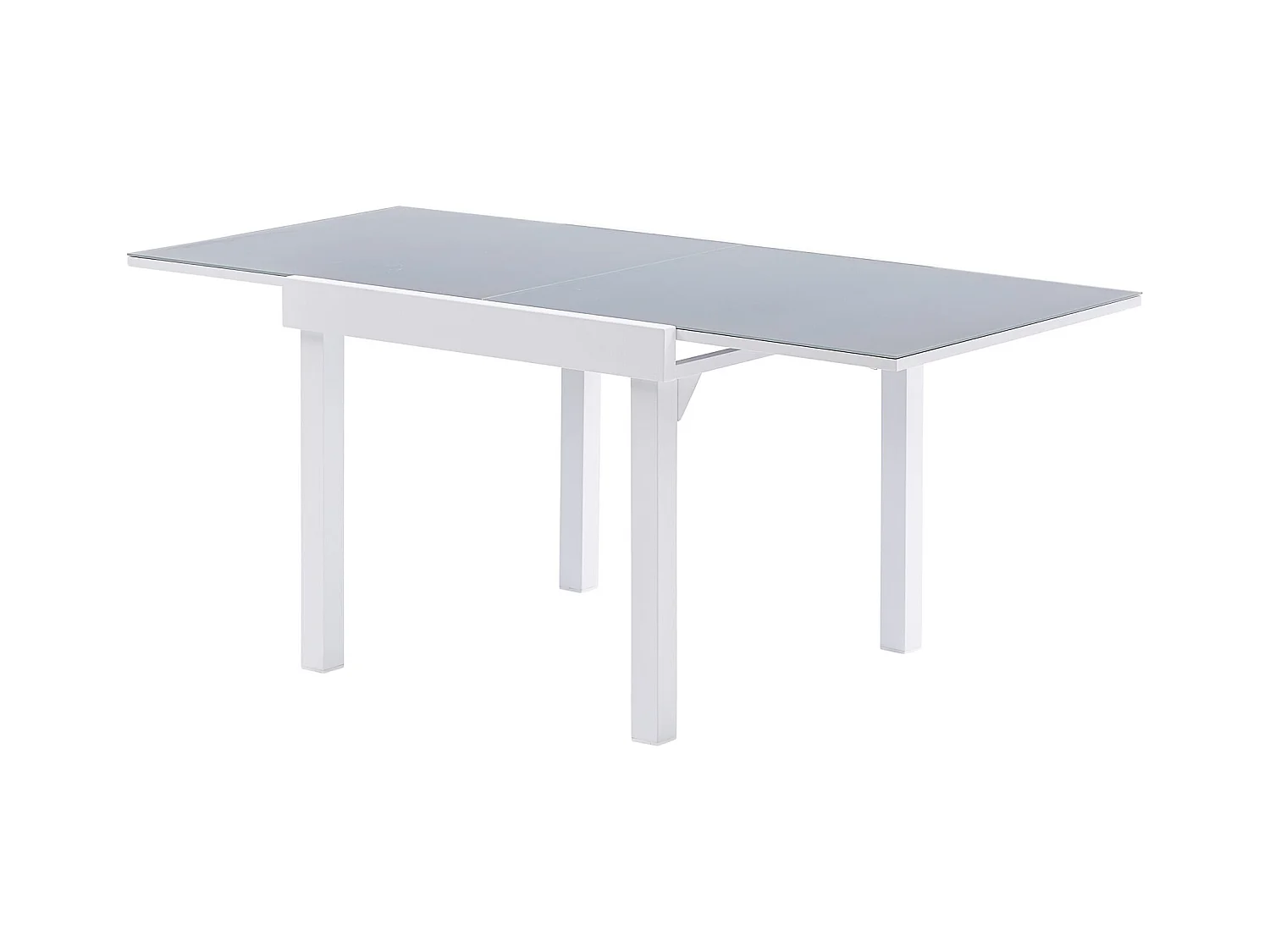 Table Modulo 4/8 personnes structure en aluminium blanche, plateau en verre coloris gris perle