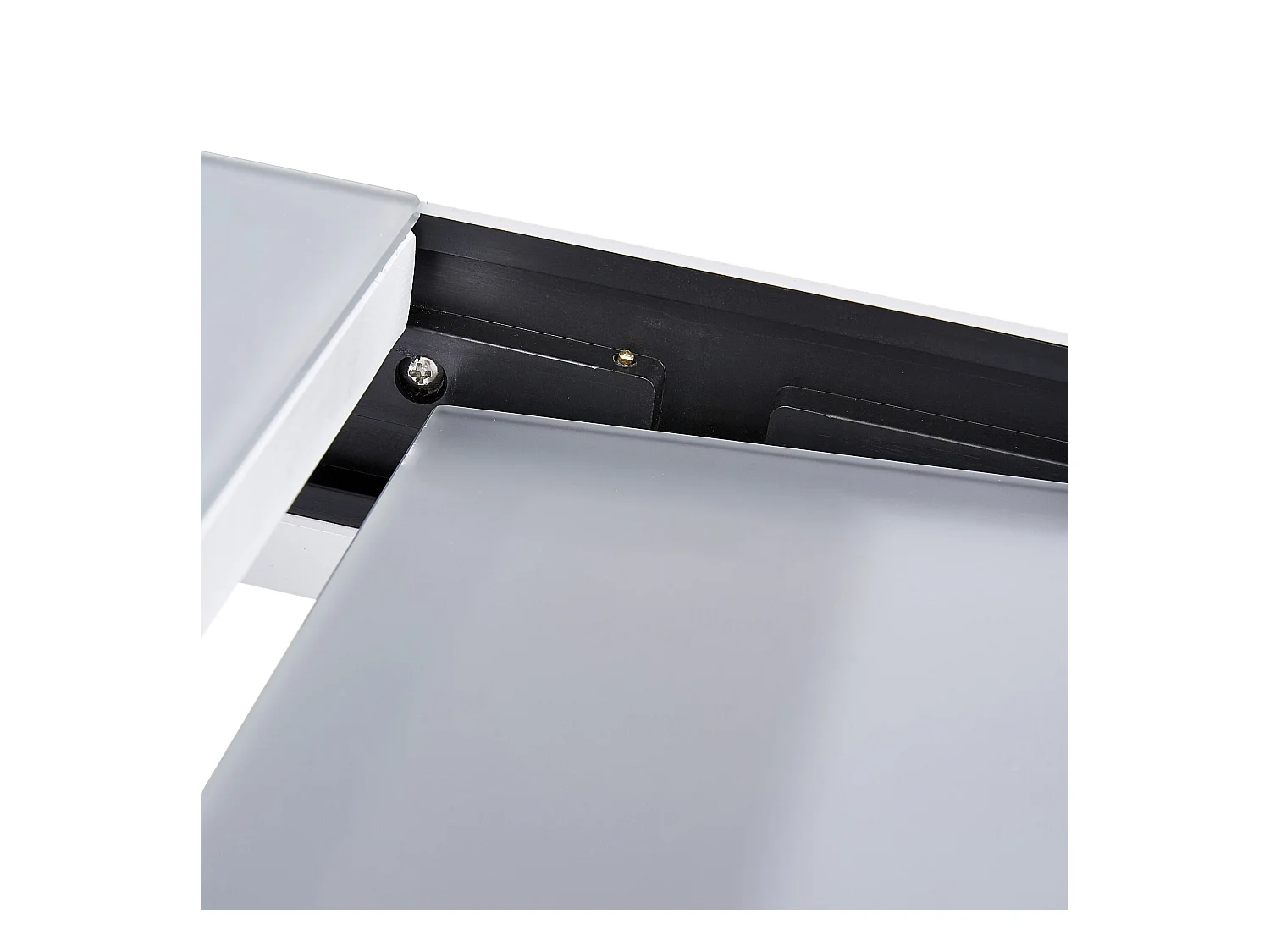 Table Modulo 4/8 personnes structure en aluminium blanche, plateau en verre coloris gris perle