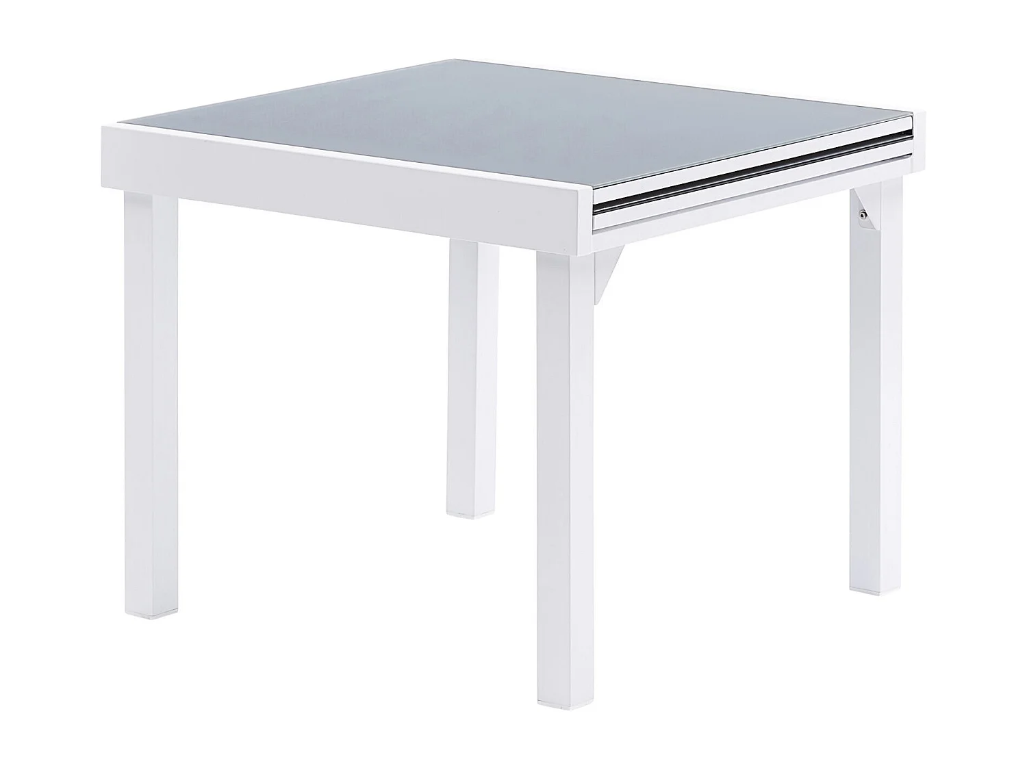 Table Modulo 4/8 personnes structure en aluminium blanche, plateau en verre coloris gris perle