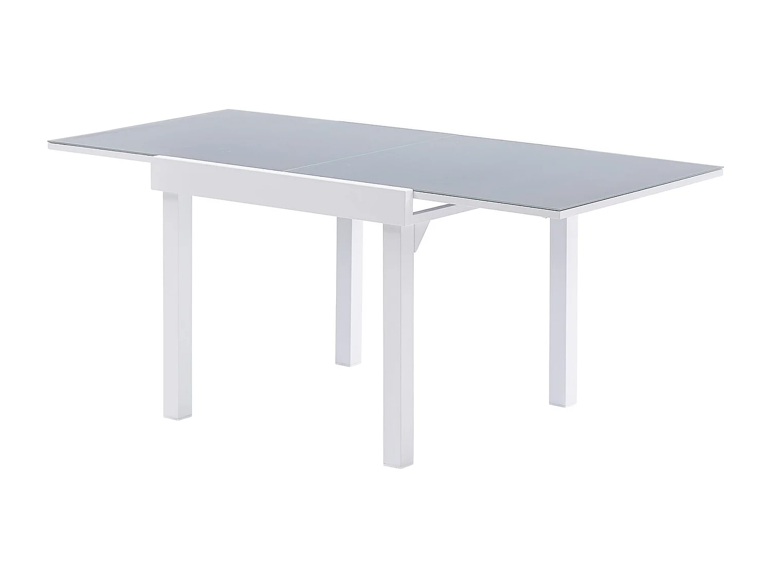 Table Modulo 4/8 personnes structure en aluminium blanche, plateau en verre coloris gris perle
