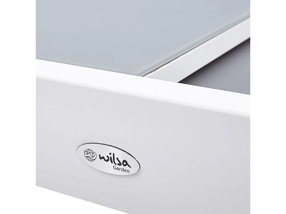 Table Modulo 4/8 personnes structure en aluminium blanche, plateau en verre coloris gris perle