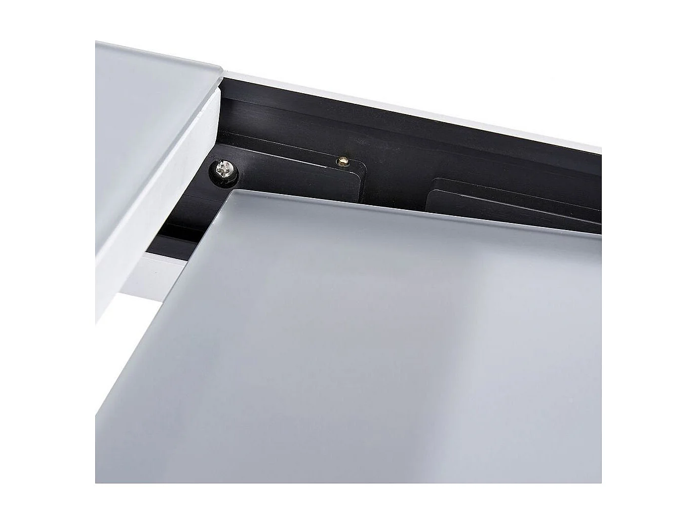 Table Modulo 4/8 personnes structure en aluminium blanche. plateau en verre coloris gris perle
