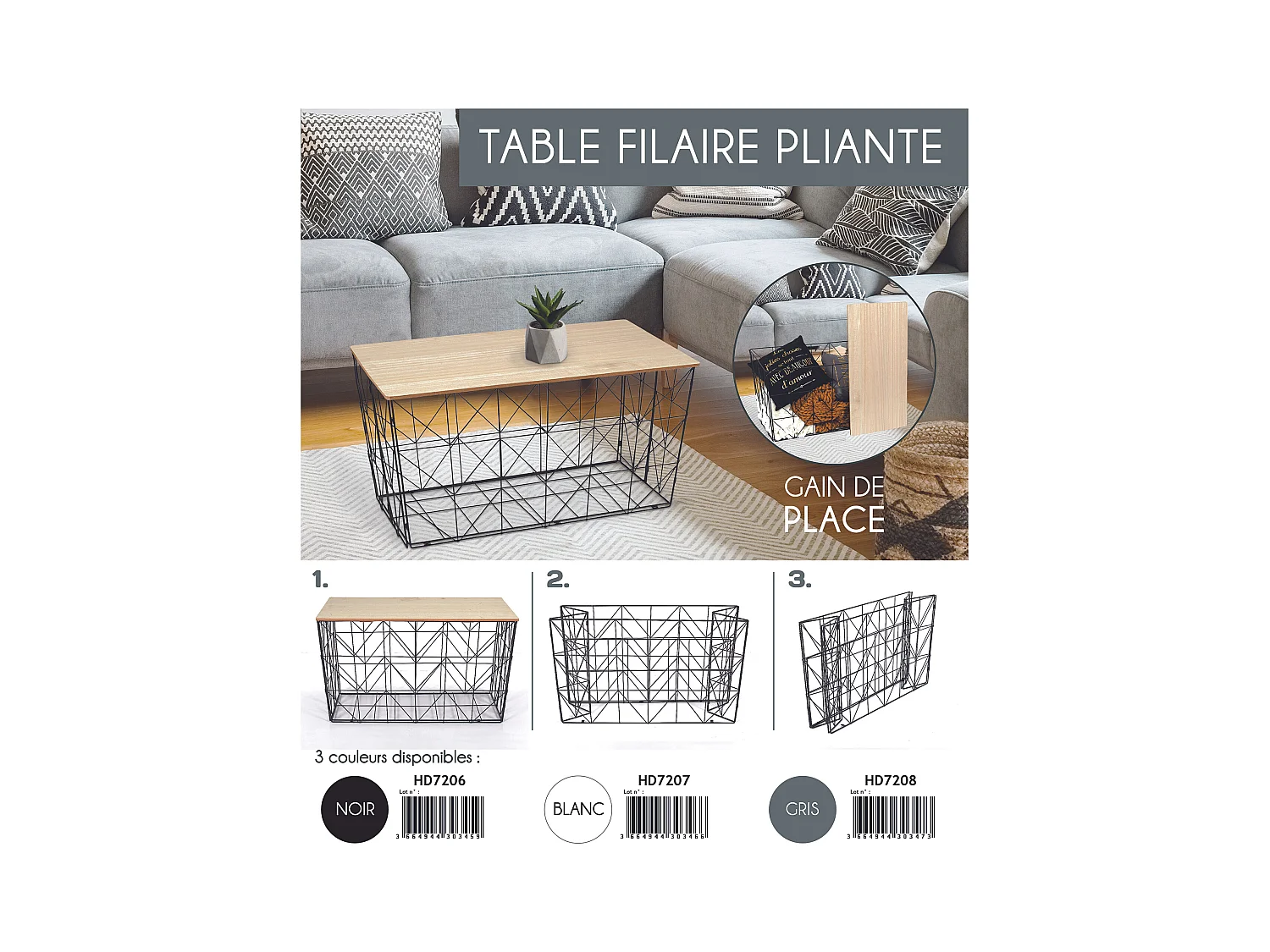 Table Pliable Filaire Blanc Blanc, Marron