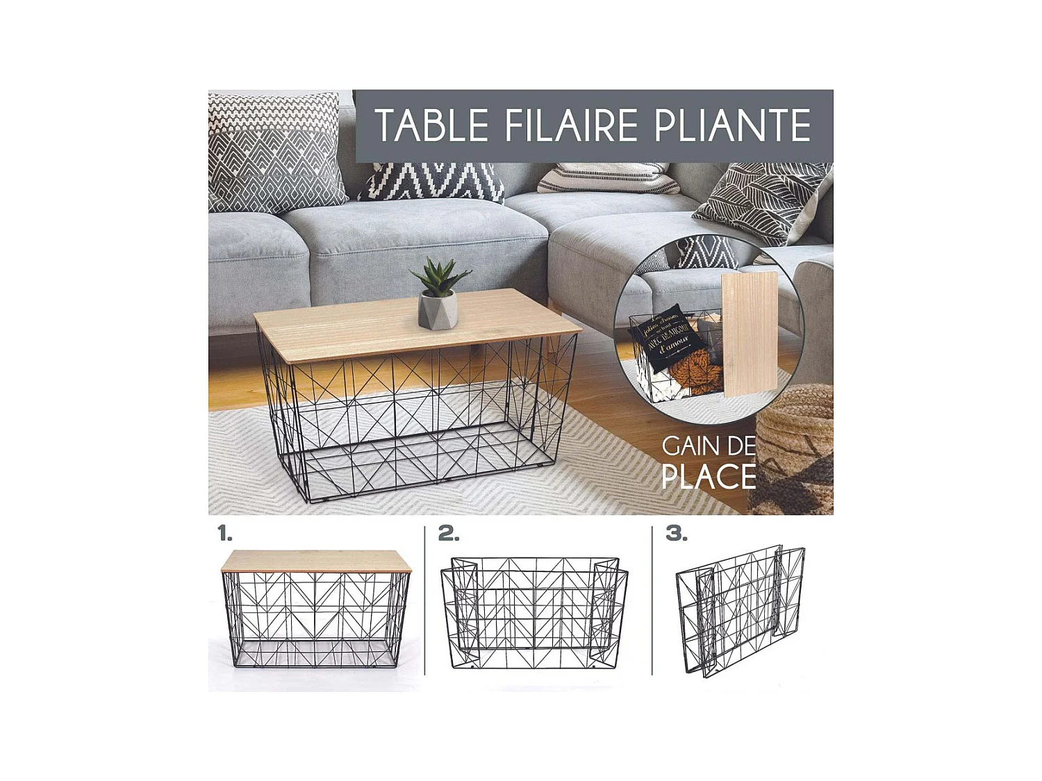 Table Pliable Filaire Blanc Blanc, Marron