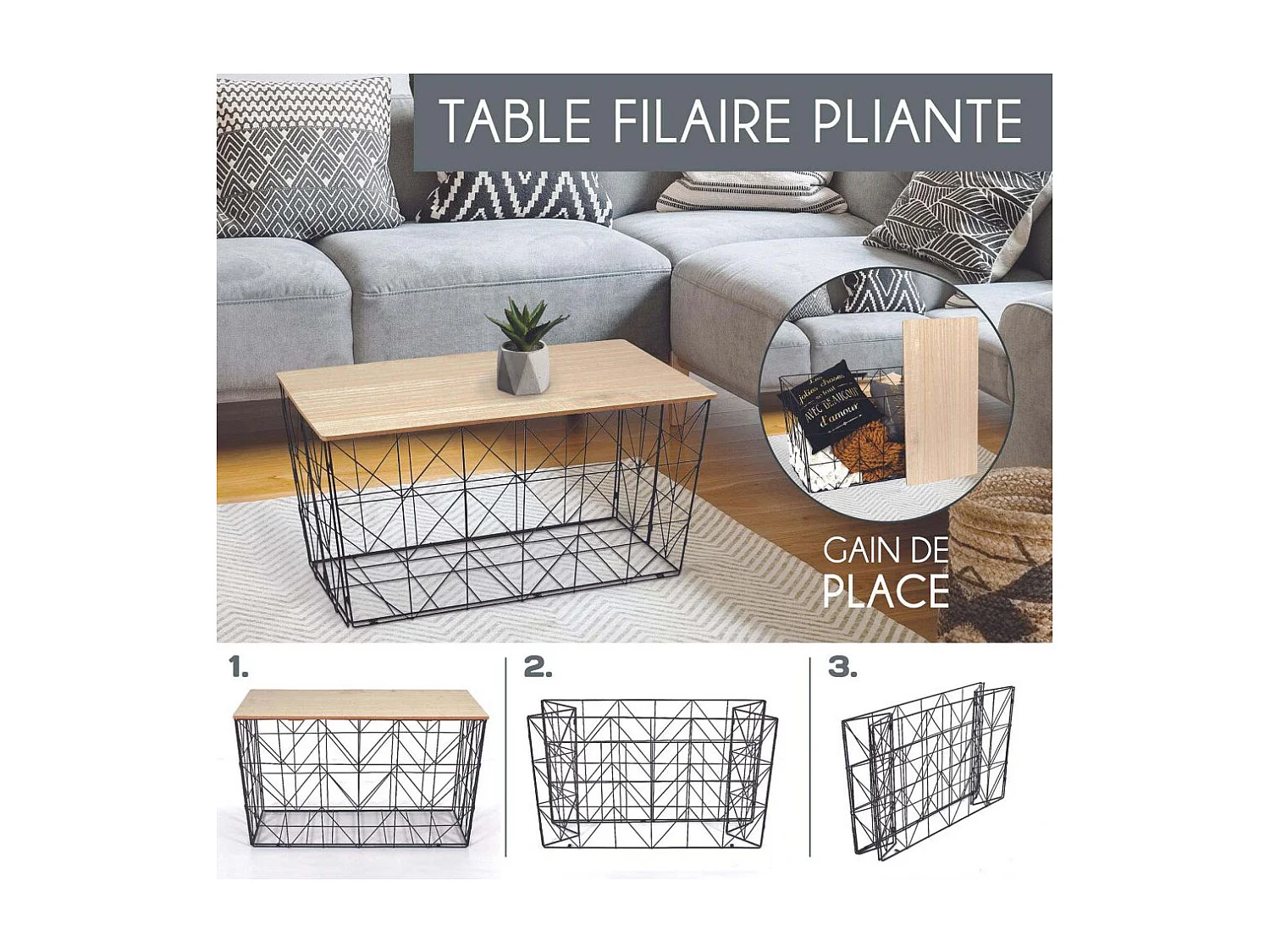 Table Pliable Filaire Blanc Blanc, Marron