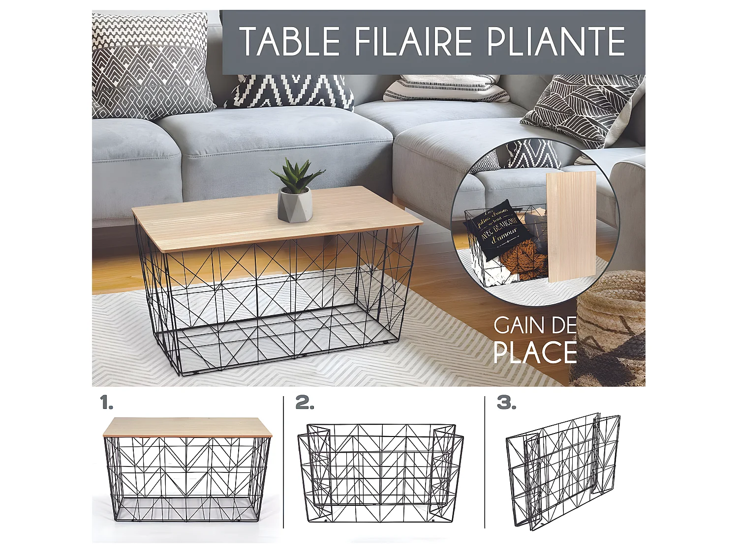Table d'appoint pliable filaire plateau en bois