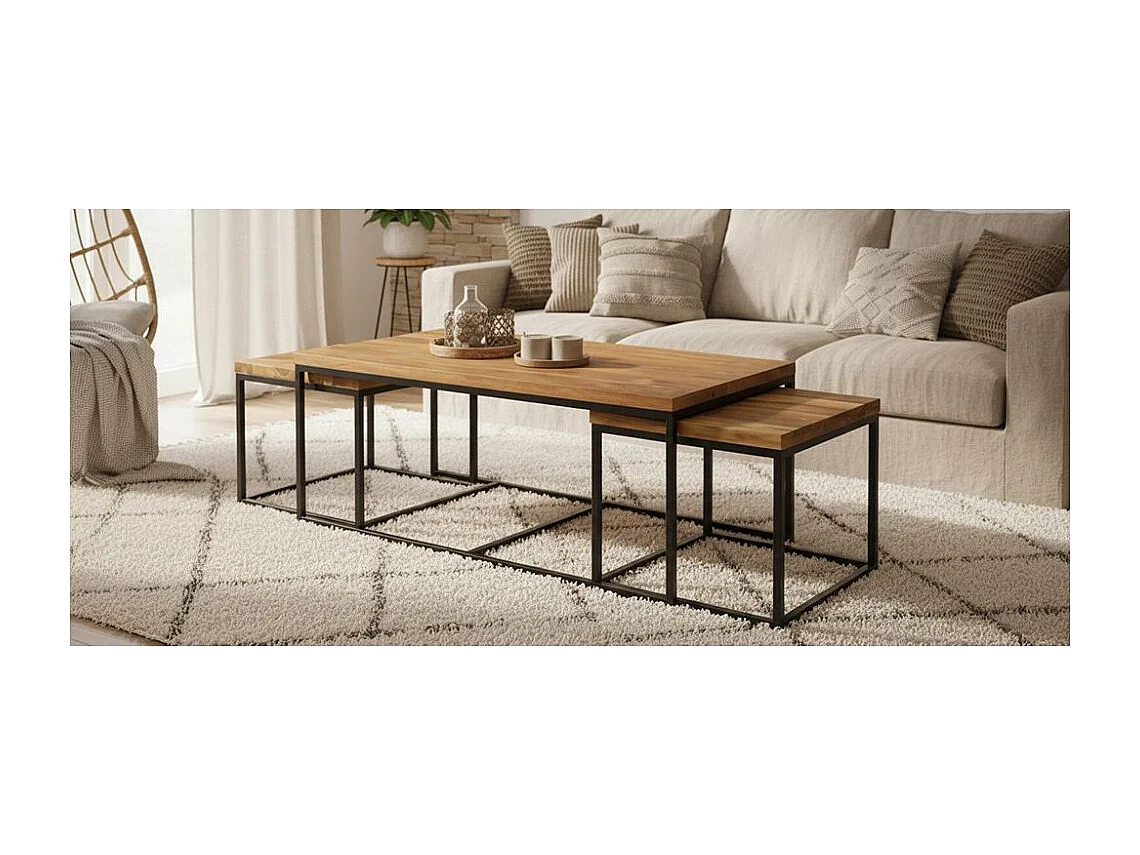 Tables basses modulables en bois recyclé et métal LOFT (Lot de 3)