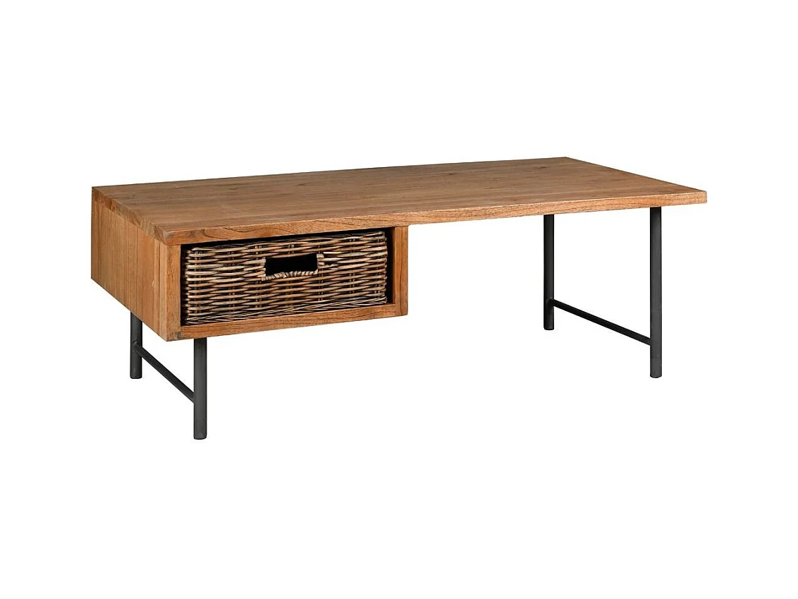 Table basse en bois, métal et tiroir rotin