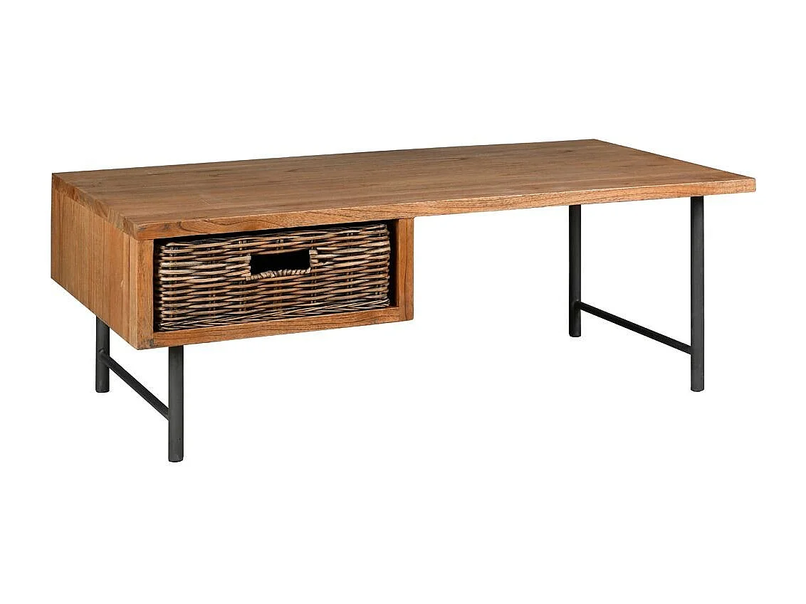 Table basse en bois, métal et tiroir rotin