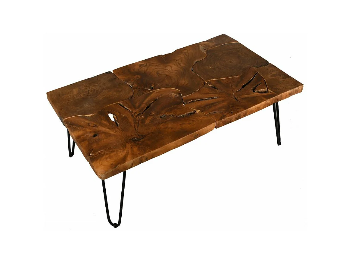 Table basse rectangulaire en teck et métal Puzzle