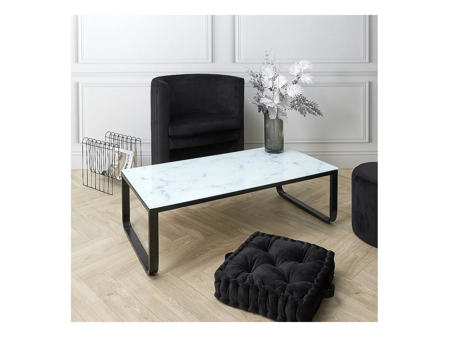 Table Basse En Verre Marble Blanc Noir, Blanc