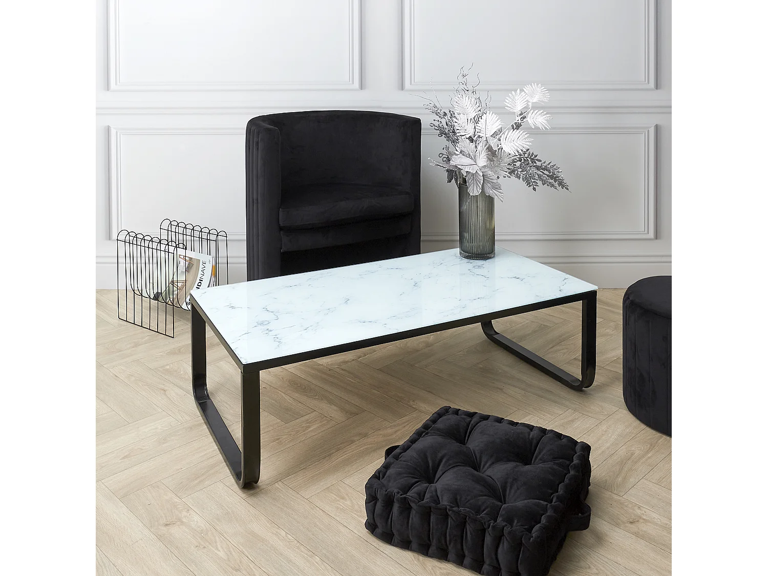 Table Basse En Verre Marble Blanc Noir, Blanc