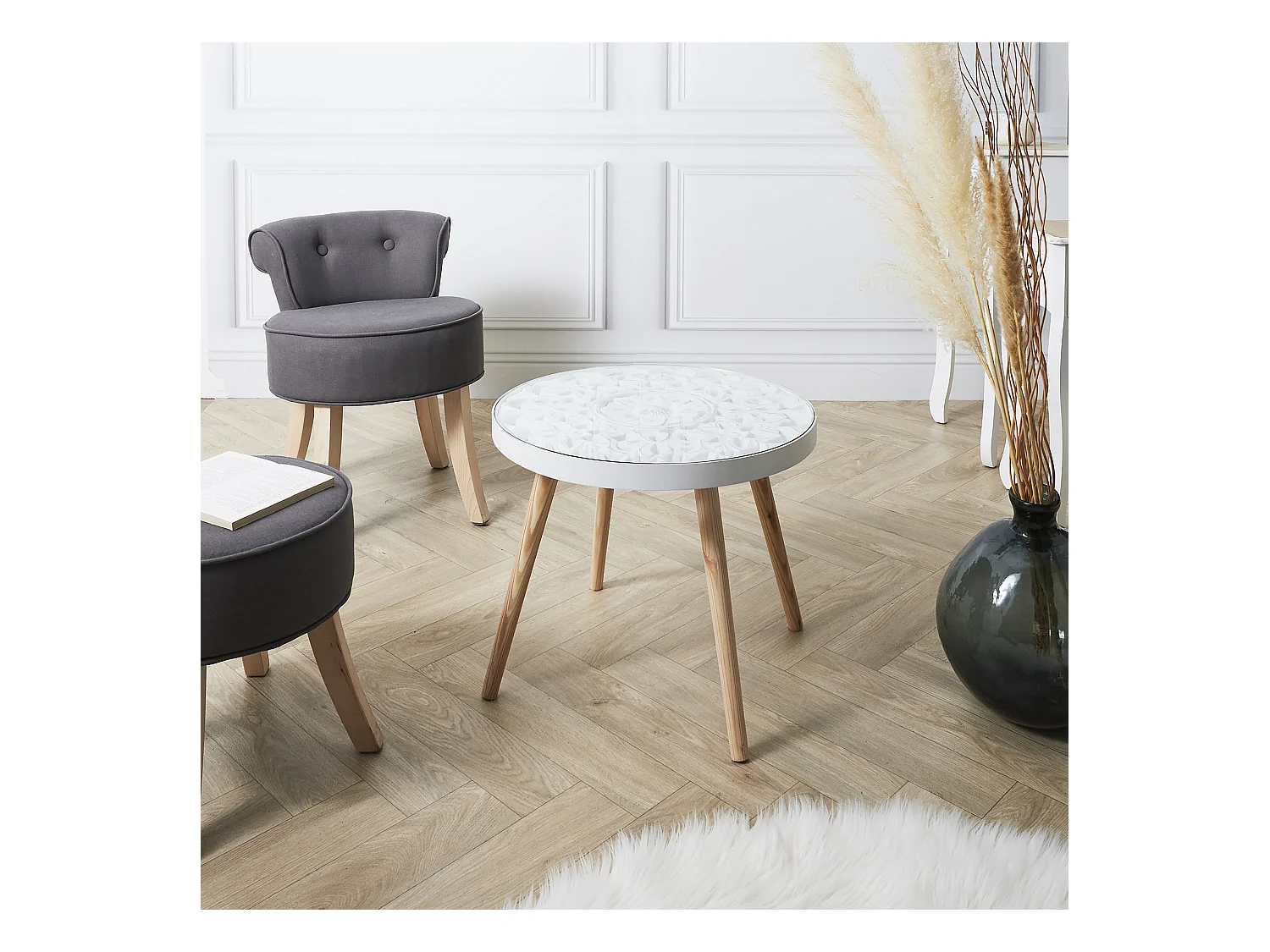 Table Basse Arabesque 50cm Beige, Blanc