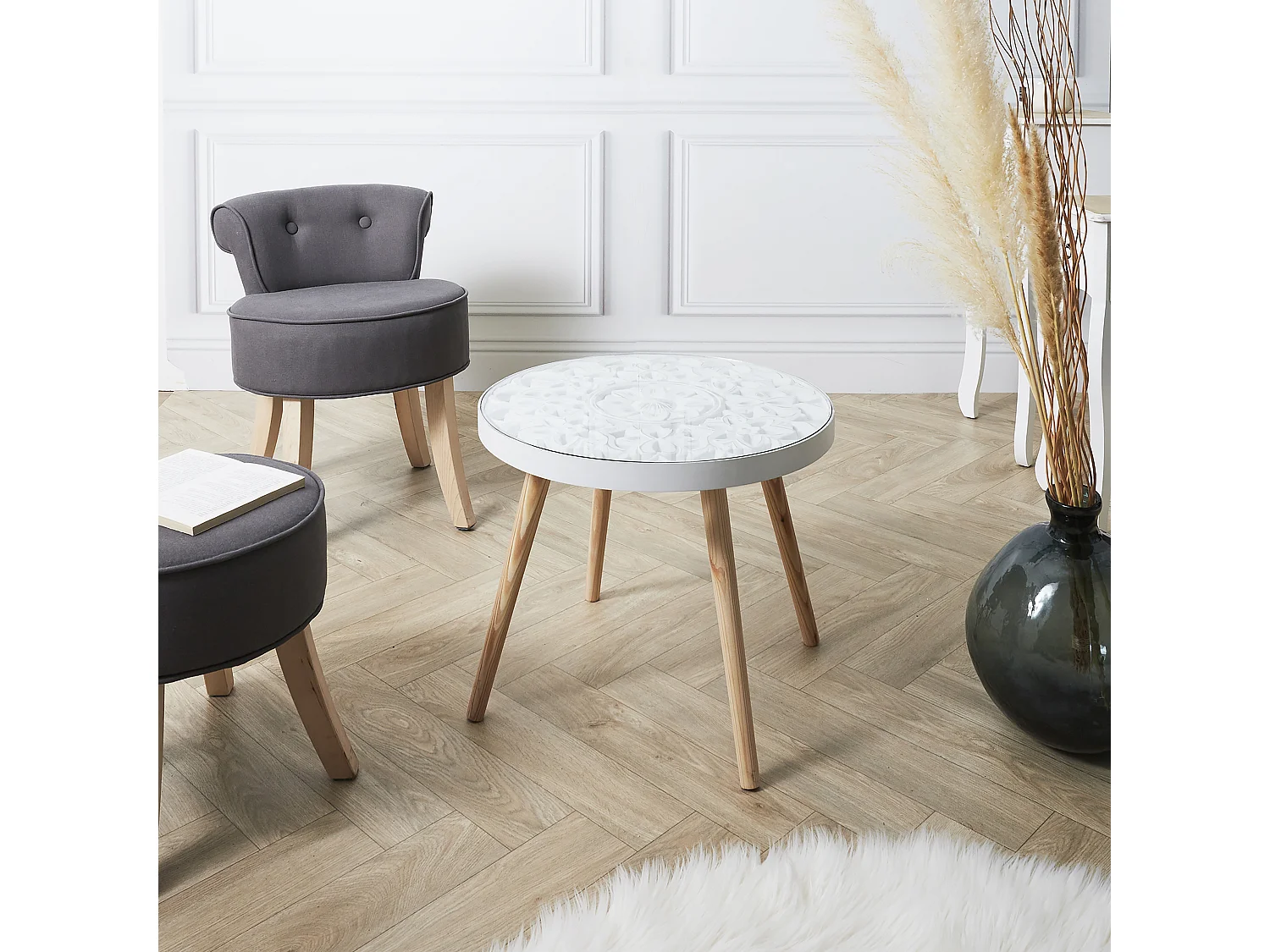 Table Basse Arabesque 50cm Beige, Blanc