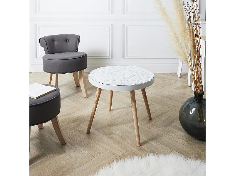 Table Basse Arabesque 50cm Beige, Blanc