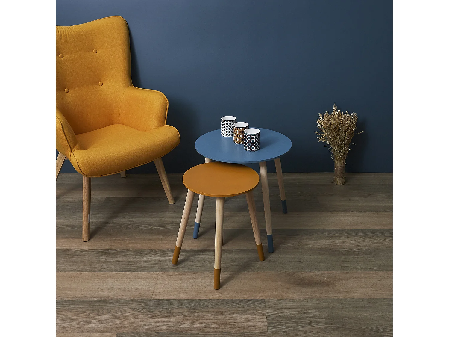 Lot de 2 Tables Gigognes "Relief Bicolore" 48cm Bleu & Jaune