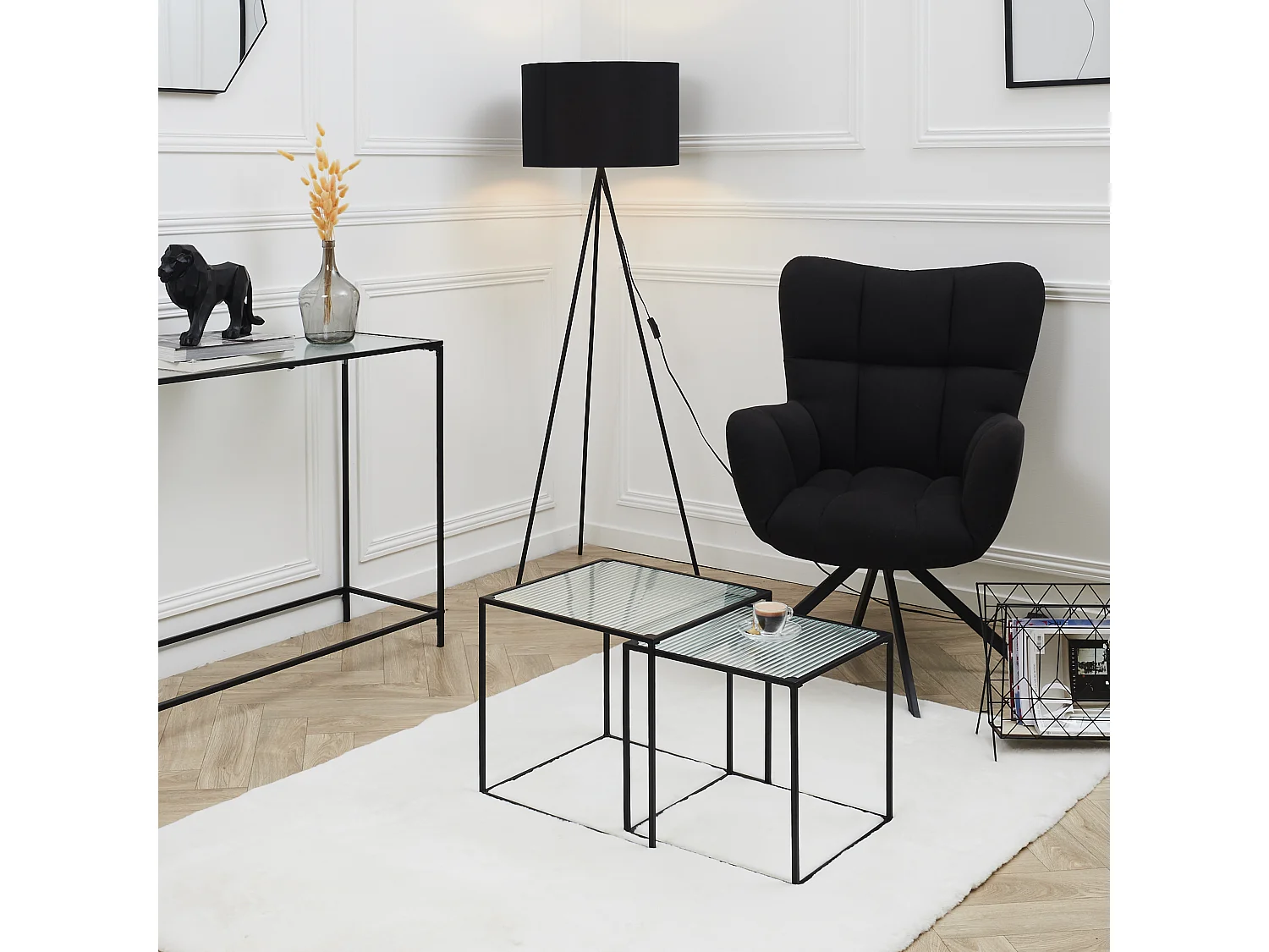 Table Gigogne Rosa Verre Texture X2 Noir, Transparent