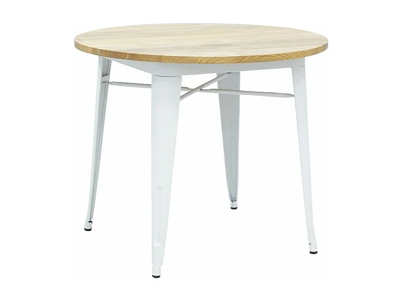 Table ronde industrielle en métal blanc et bois d'orme huilé