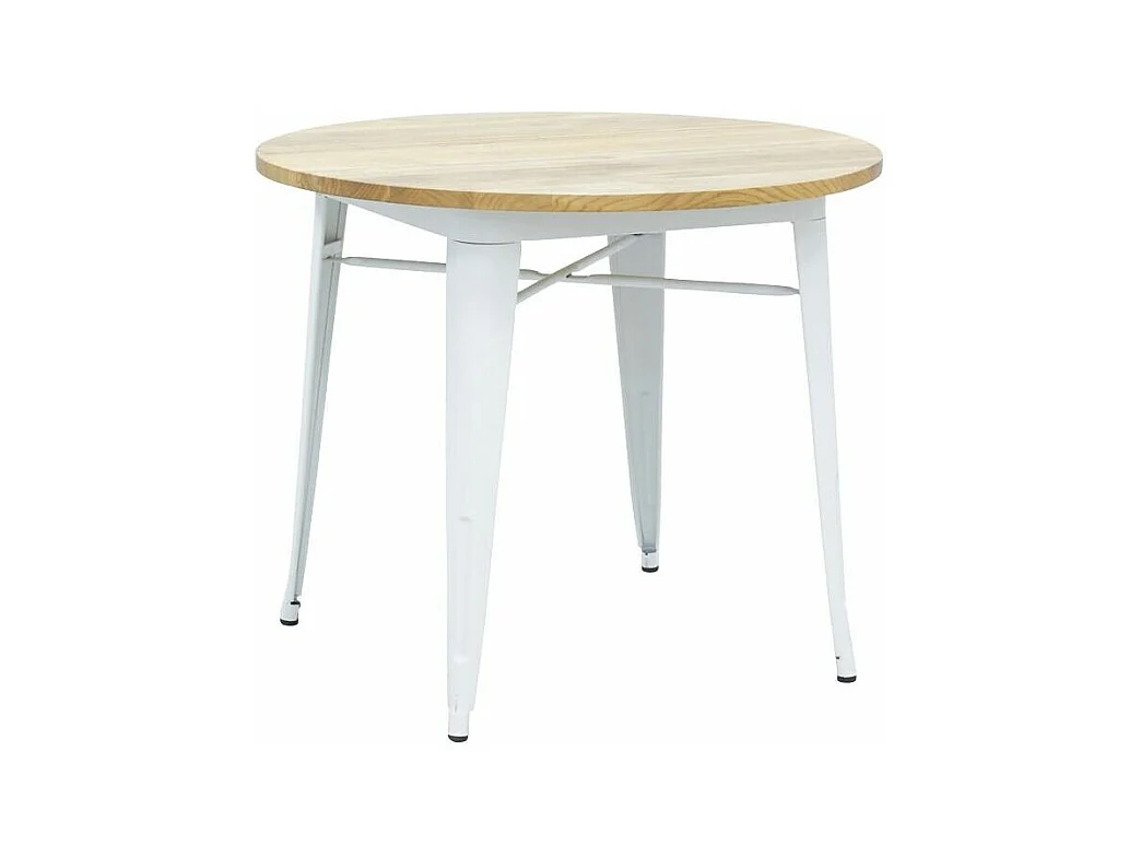Table ronde industrielle en métal blanc et bois d'orme huilé
